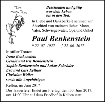 Traueranzeige von Paul Benkenstein von Mitteldeutsche Zeitung Sangerhausen