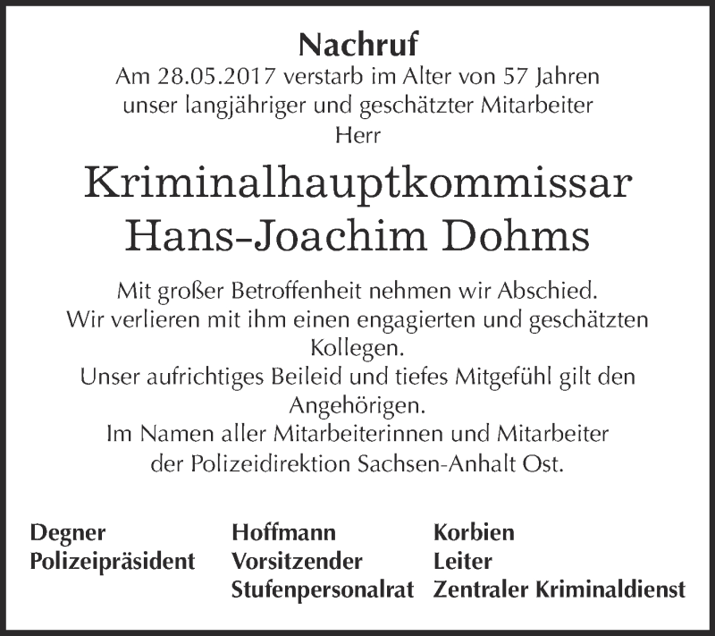  Traueranzeige für Hans-Joachim Dohms vom 17.06.2017 aus WVG - Wochenspiegel Dessau / Köthen