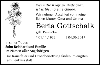 Traueranzeige von Berta Gottschalk von Mitteldeutsche Zeitung Dessau-Roßlau