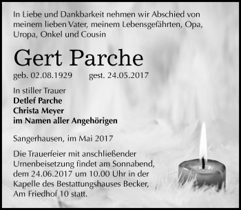 Traueranzeige von Gert Parche von Mitteldeutsche Zeitung Sangerhausen