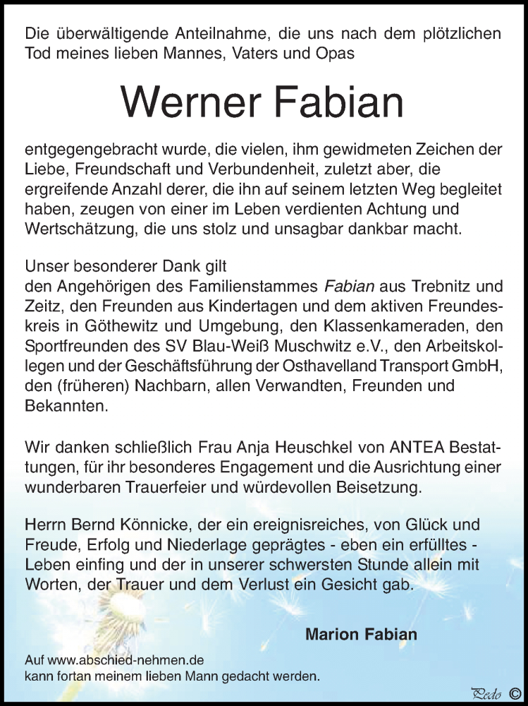  Traueranzeige für Werner Fabian vom 28.06.2017 aus WVG - Wochenspiegel NMB / WSF / ZTZ