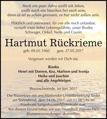 Traueranzeige von Hartmut Rückrieme von Super Sonntag SGH Mansf. Land