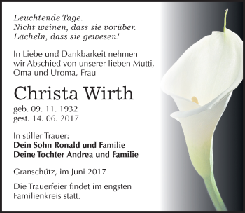 Traueranzeige von Christa Wirth von Mitteldeutsche Zeitung Weißenfels