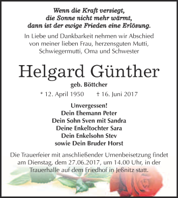 Traueranzeige von Helgard Günther von WVG - Wochenspiegel Bitterfeld