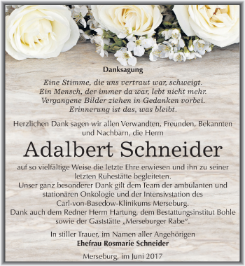 Traueranzeige von Adalbert Schneider von Mitteldeutsche Zeitung Merseburg/Querfurt