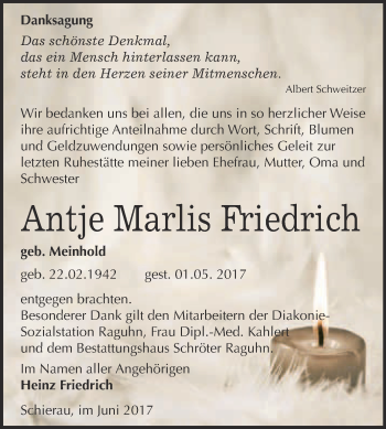 Traueranzeige von Antje Marlis Friedrich von WVG - Wochenspiegel Bitterfeld