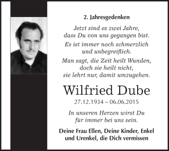 Traueranzeige von Wilfried Dube von WVG - Wochenspiegel Quedlinburg
