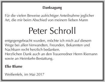 Traueranzeige von Peter Schroll von WVG - Wochenspiegel NMB / WSF / ZTZ