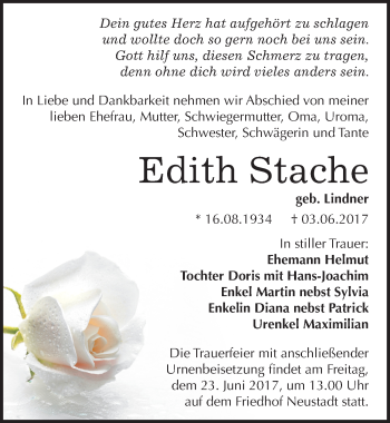 Traueranzeige von Edith Stache von Mitteldeutsche Zeitung Halle/Saalkreis