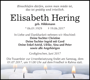 Traueranzeige von Elisabeth Hering von WVG - Wochenspiegel NMB / WSF / ZTZ