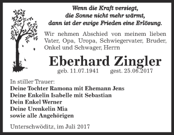 Traueranzeige von Eberhard Zingler von Super Sonntag Zeitz