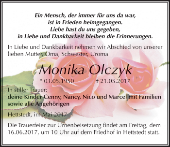 Traueranzeige von Monika Olczyk von Mitteldeutsche Zeitung Mansfelder Land
