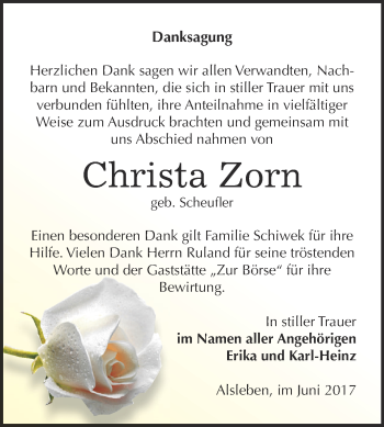 Traueranzeige von Christa Zorn von Super Sonntag Bernburg