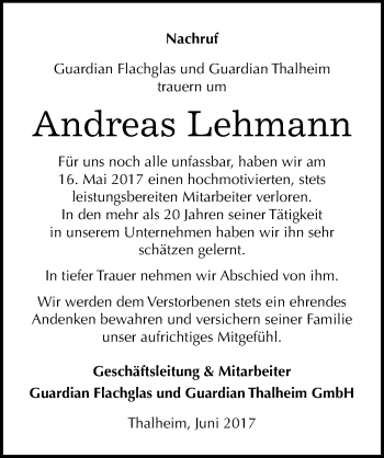 Traueranzeige von Andreas Lehmann von Mitteldeutsche Zeitung