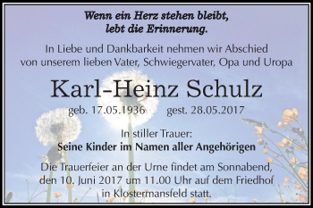 Traueranzeige von Karl-Heinz Schulz von Super Sonntag SGH Mansf. Land