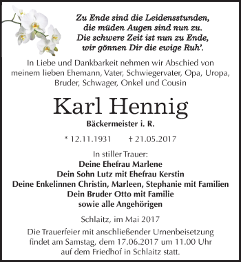 Traueranzeige von Karl Hennig von Mitteldeutsche Zeitung Bitterfeld