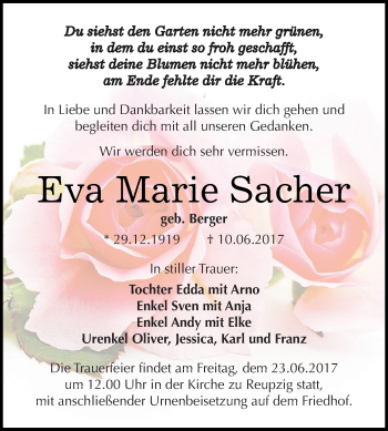 Traueranzeige von Eva Marie Sacher von WVG - Wochenspiegel Dessau / Köthen