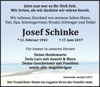 Traueranzeige von Josef Schinke von Mitteldeutsche Zeitung Quedlinburg