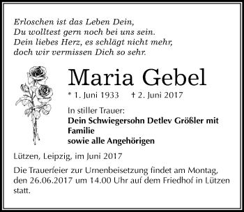 Traueranzeige von Maria Gebel von Mitteldeutsche Zeitung Weißenfels