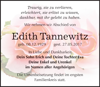 Traueranzeige von Edith Tannewitz von Mitteldeutsche Zeitung Bitterfeld