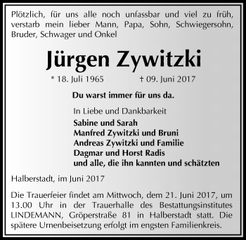 Traueranzeige von Jürgen Zywitzki von Mitteldeutsche Zeitung Mansfelder Land