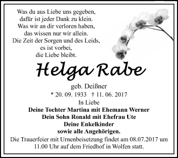 Traueranzeige von Helga Rabe von WVG - Wochenspiegel Bitterfeld