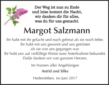 Traueranzeige von Margot Salzmann von WVG - Wochenspiegel Quedlinburg