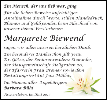 Traueranzeige von Margarete Biewend von Super Sonntag Aschersleben