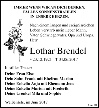 Traueranzeige von Lothar Brendel von Mitteldeutsche Zeitung Weißenfels