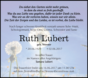 Traueranzeige von Ruth Lubert von WVG - Wochenspiegel Dessau / Köthen