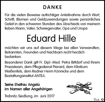 Traueranzeige von Eduard Hille von Mitteldeutsche Zeitung Weißenfels