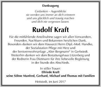 Traueranzeige von Rudolf Kraft von Mitteldeutsche Zeitung Mansfelder Land