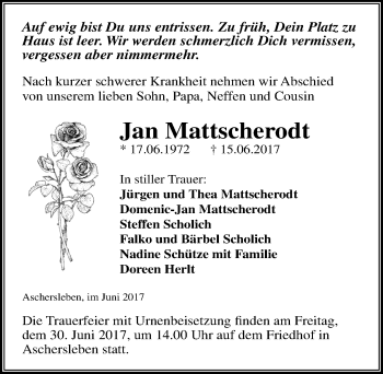 Traueranzeige von Jan Mattscherodt von Mitteldeutsche Zeitung Aschersleben