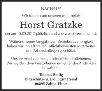 Traueranzeige von Horst Gratzke von Super Sonntag Wittenberg