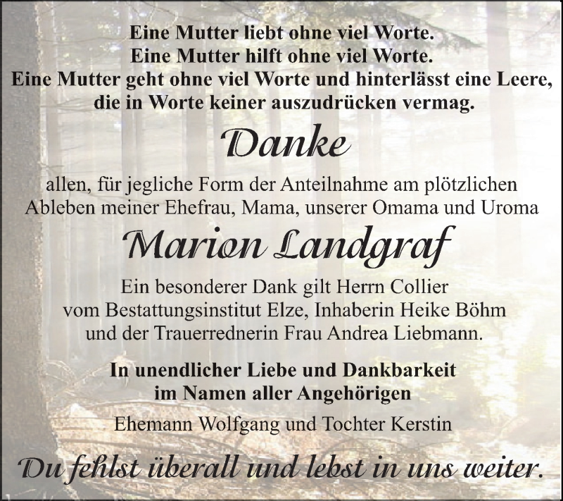  Traueranzeige für Marion Landgraf vom 24.06.2017 aus WVG - Wochenspiegel Dessau / Köthen