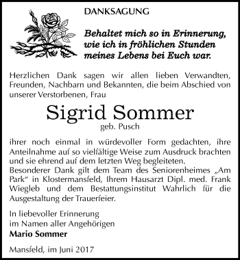 Traueranzeige von Sigrid Sommer von Mitteldeutsche Zeitung Mansfelder Land