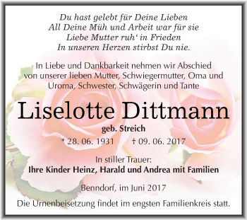 Traueranzeige von Liselotte Dittmann von Wochenspiegel Mansfelder Land