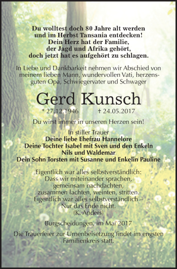 Traueranzeige von Gerd Kunsch von Mitteldeutsche Zeitung Naumburg/Nebra