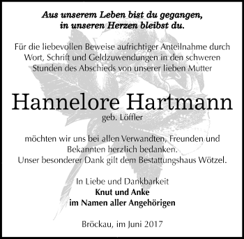 Traueranzeige von Hannelore Hartmann von Mitteldeutsche Zeitung Zeitz