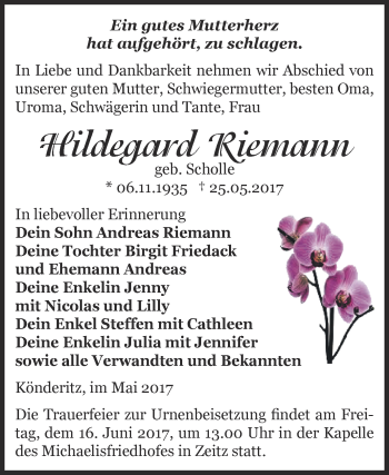 Traueranzeige von Hildegard Riemann von Super Sonntag Zeitz