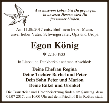 Traueranzeige von Egon König von WVG - Wochenspiegel Dessau / Köthen