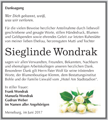 Traueranzeige von Sieglinde Wondrak von WVG - Wochenspiegel Merseburg
