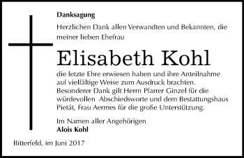 Traueranzeige von Elisabeth Kohl von Mitteldeutsche Zeitung Bitterfeld