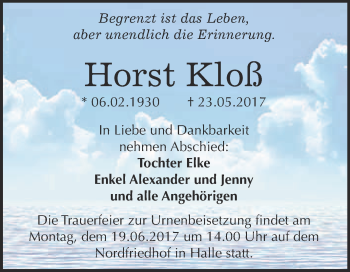 Traueranzeige von Horst Kloß von WVG - Wochenspiegel Merseburg