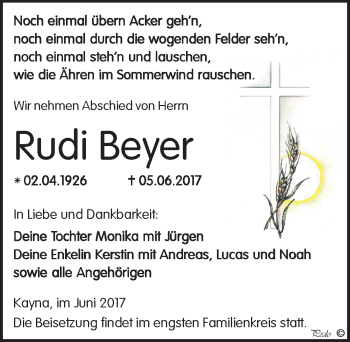 Traueranzeige von Rudi Beyer von Mitteldeutsche Zeitung Zeitz