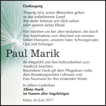 Traueranzeige von Paul Marik von WVG - Wochenspiegel Bitterfeld