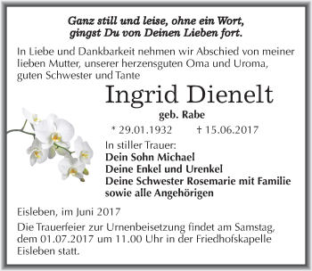 Traueranzeige von Ingrid Dienelt von Mitteldeutsche Zeitung Mansfelder Land