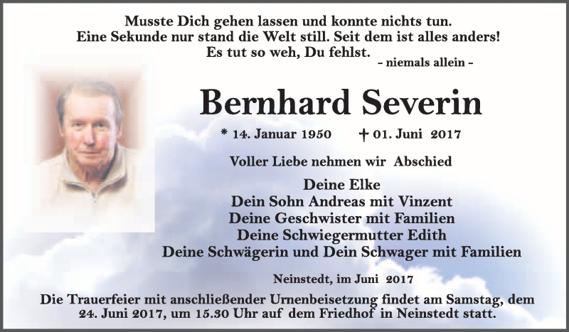  Traueranzeige für Bernhard Severin vom 10.06.2017 aus WVG - Wochenspiegel Quedlinburg