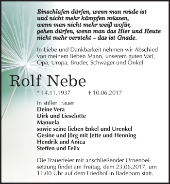 Traueranzeige von Rolf Nebe von Mitteldeutsche Zeitung Quedlinburg