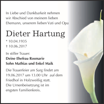 Traueranzeige von Dieter Hartung von WVG - Wochenspiegel Bitterfeld